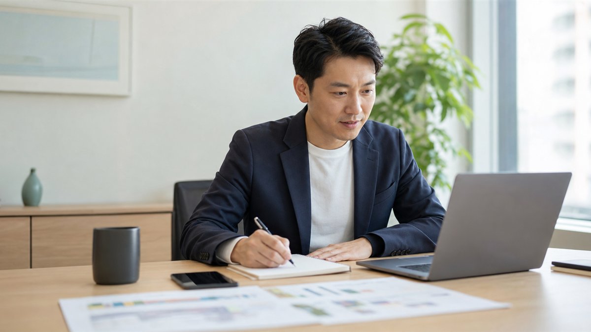 企业顾问通过电脑查看客户信息并记录后续沟通要点